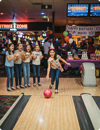 Kids celebrating a birthday party at Woodmere Lanes