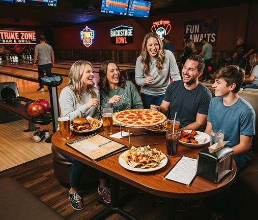 Pizza, burgers, and drinks served at Woodmere Lanes