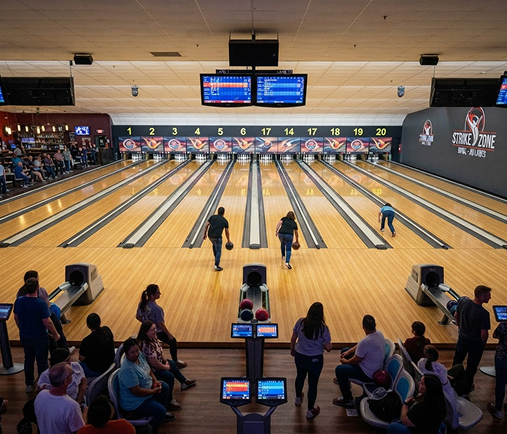 Wide view of the bowling lanes filled with guests