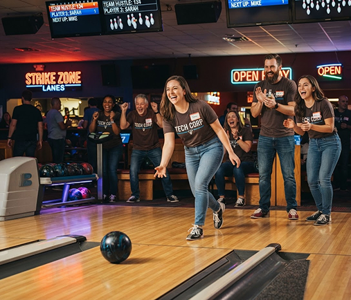 A bowler celebrating with friends cheering behind her