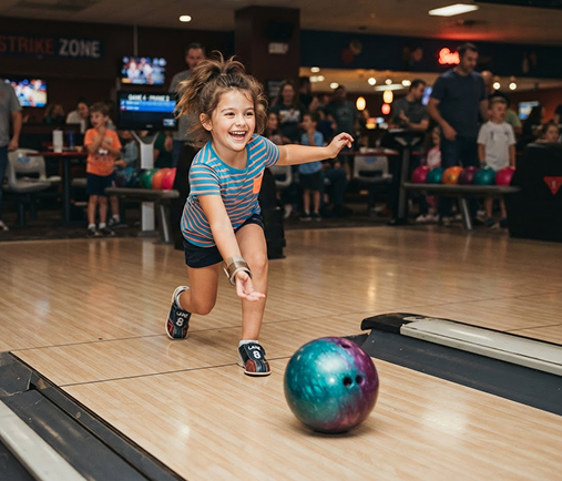 A young girl smiling while bowling