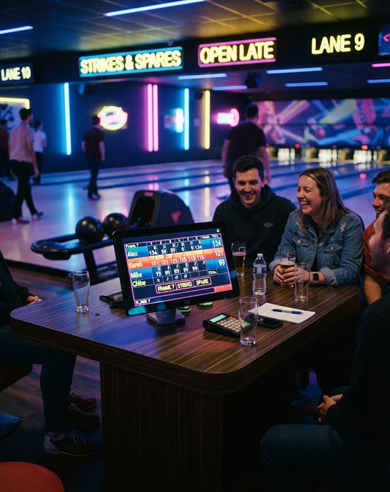 Friends laughing together at a scoring table between games