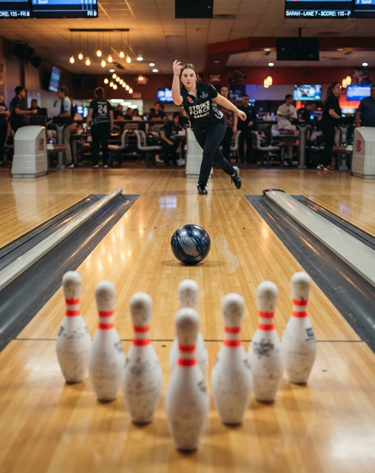 A bowler mid-swing releasing the ball toward a full set of pins