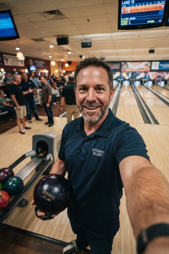 A staff member taking a selfie while holding a bowling ball on the lanes