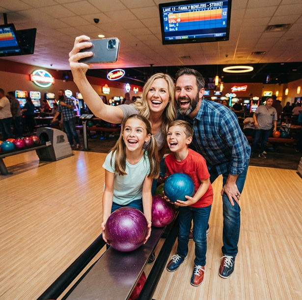 A family bowling together at Woodmere Lanes