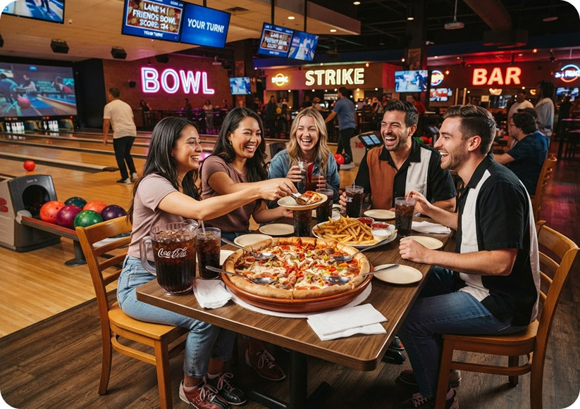 Pizza, burgers, fries, and soda from the Woodmere Lanes Pizza Bowl special
